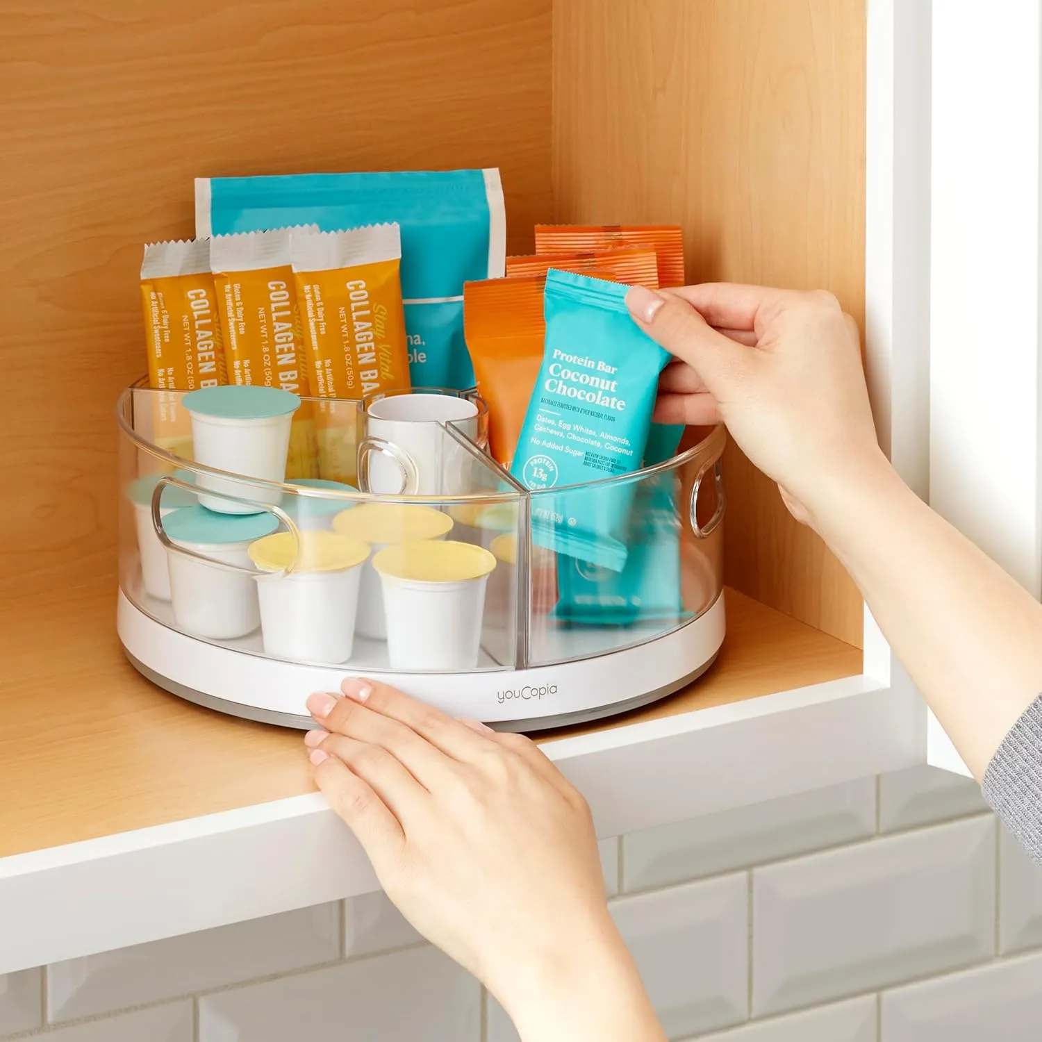 YouCopia cabinet turntable organizer in use – MyLivon kitchen setup